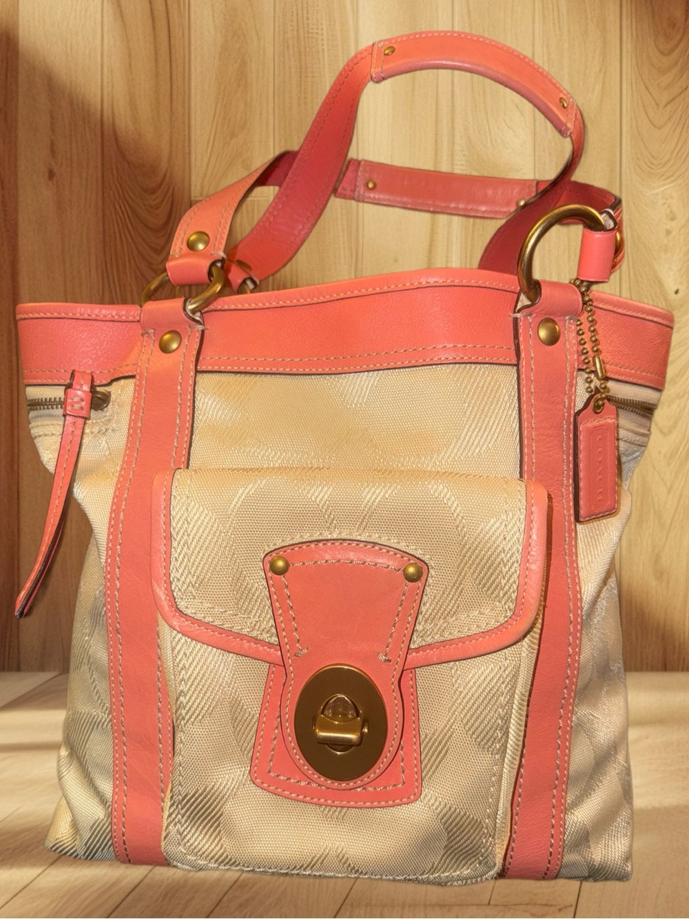 Coach Legacy Gigi Tote F13103 Signature Canvas Coral Leather Trim